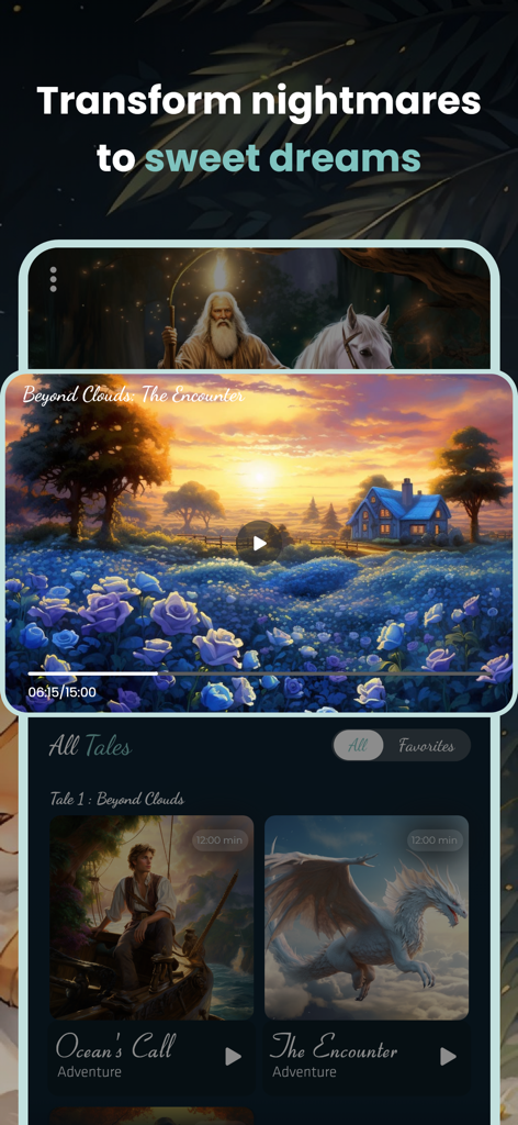 Sakun: Sleep Realms & Calm - Schermata dell'app Sakun che mostra storie della buonanotte fantasy e un paesaggio magico di fiori blu