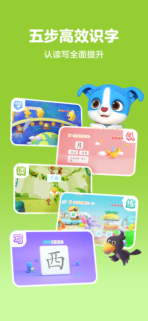 A blue dog mascot presents five interactive steps for children to learn Chinese characters.