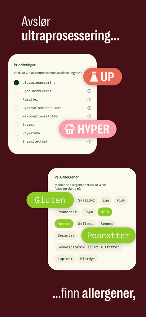 Mobile app interface for selecting food priorities such as ultra-processed foods and allergens including gluten and peanuts