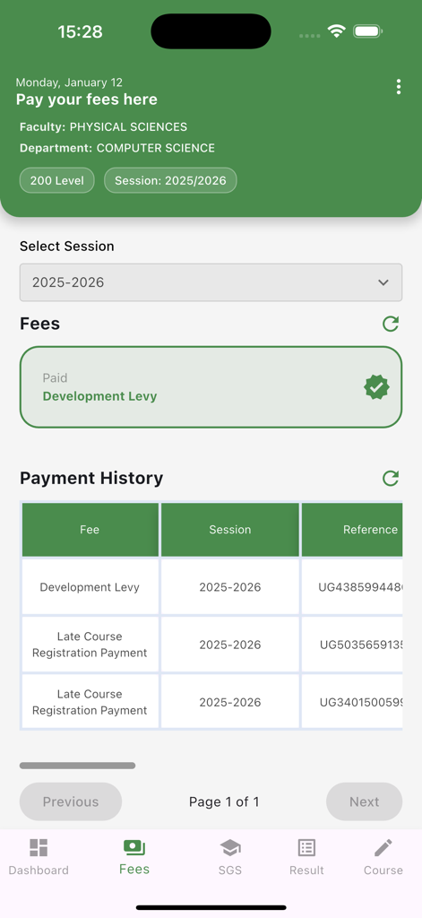 COOU Portal - COOU Portal app screenshot showing student fee payment status and transaction history