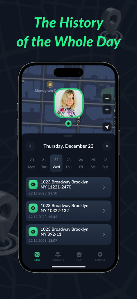 Locate Family & Track Friends - iPhone screenshot showing family member location history and addresses on a map
