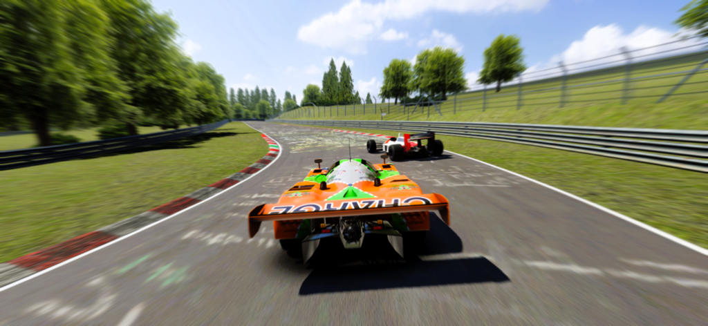Apex Racing - A high-speed prototype race car chasing a formula car on a realistic green track in Apex Racing