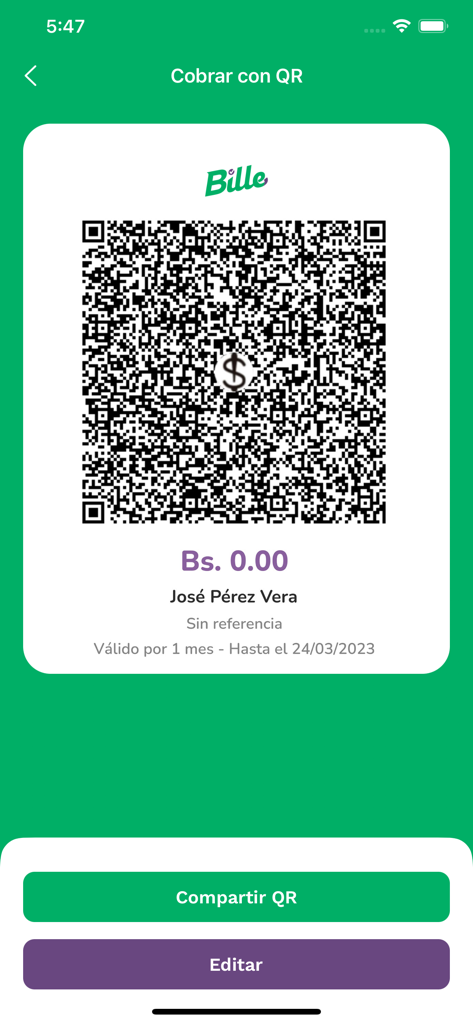 Bille - Bille mobile app screen displaying a QR code for receiving instant payments in Bolivian Bolivianos