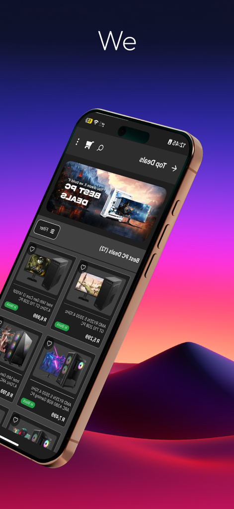 Smartphone displaying the Evetech app interface with a selection of gaming PC deals and hardware components