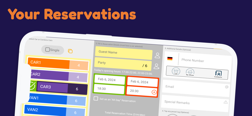 RentMate Booking Planner Pro - RentMate Booking Planner Pro reservation screen showing guest details party size and booking dates