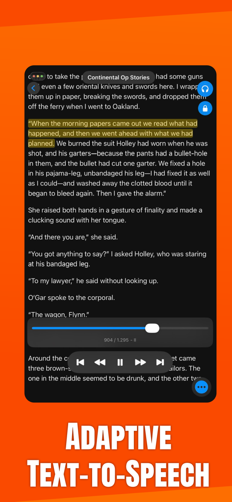 Alchemy: EPUB Reader & TTS - Alchemy EPUB reader interface displaying adaptive text to speech controls on a dark mode reading screen