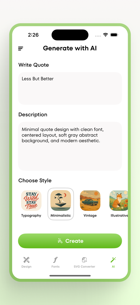 T-Shirt Designer & Printer - カスタムアパレルのテキストプロンプトとスタイル選択を備えたAI搭載Tシャツデザインジェネレーターインターフェース