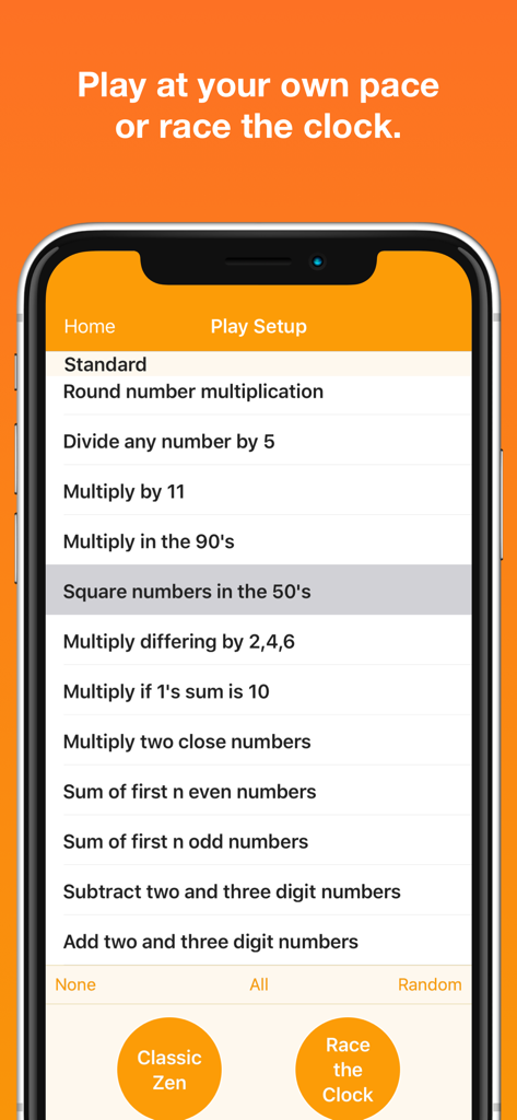 Mathemagics: Mental Math - Mathemagics app play setup screen showing a list of mental math tricks and game modes including Race the Clock