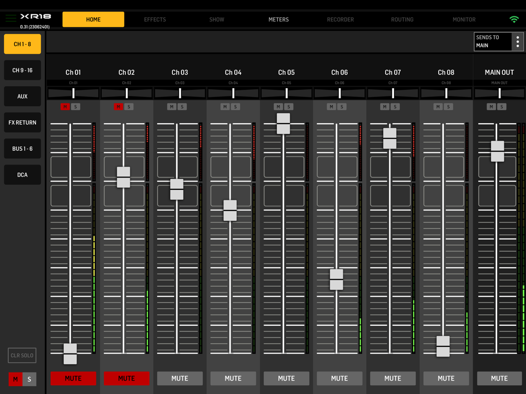 MX-Mix - MX-Mix digital audio mixing interface showing channel faders and meters on iPad