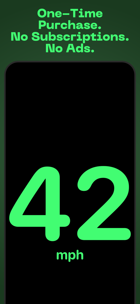 eyeSpeed Speedometer - Velocímetro digital mostrando 42 mph com uma mensagem de compra única e sem anúncios ou assinaturas.
