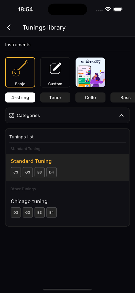 Banjo Tuner – XTuner PRO - Banjo Tuner app screen showing the tunings library with options for 4-string banjo tenor and cello modes