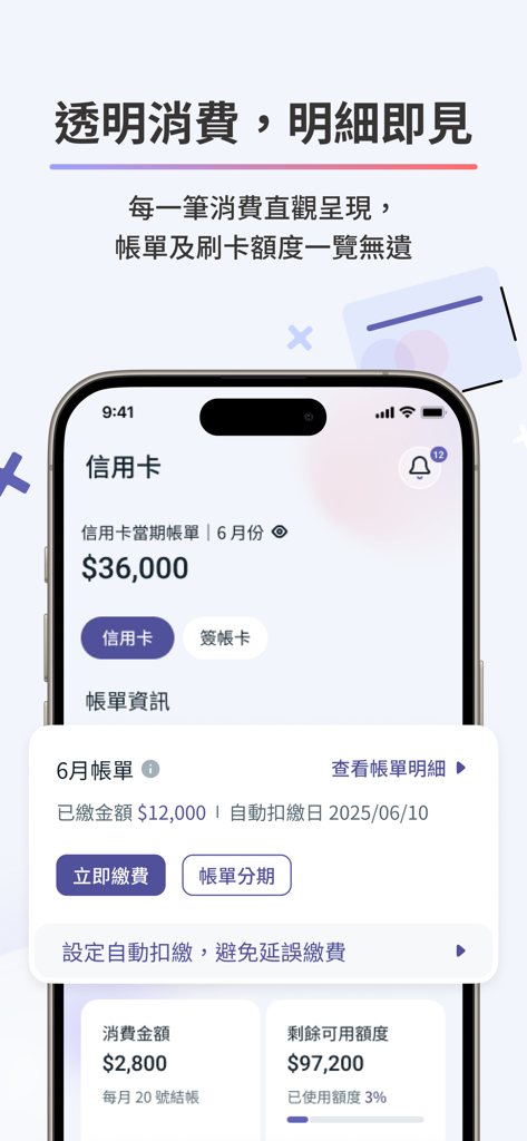 華南銀行+ - 華南銀行 모바일 앱 인터페이스, 신용카드 청구서 상세 정보, 지출 요약 및 사용 가능한 신용 한도 표시