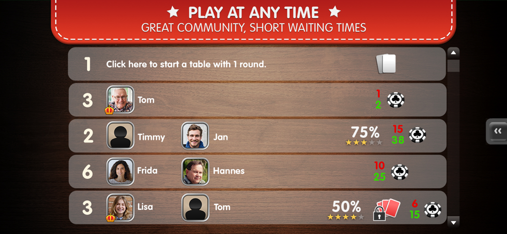 Schafkopf Sheepshead Online - A list of active players and game tables in the Sheepshead online multiplayer lobby.