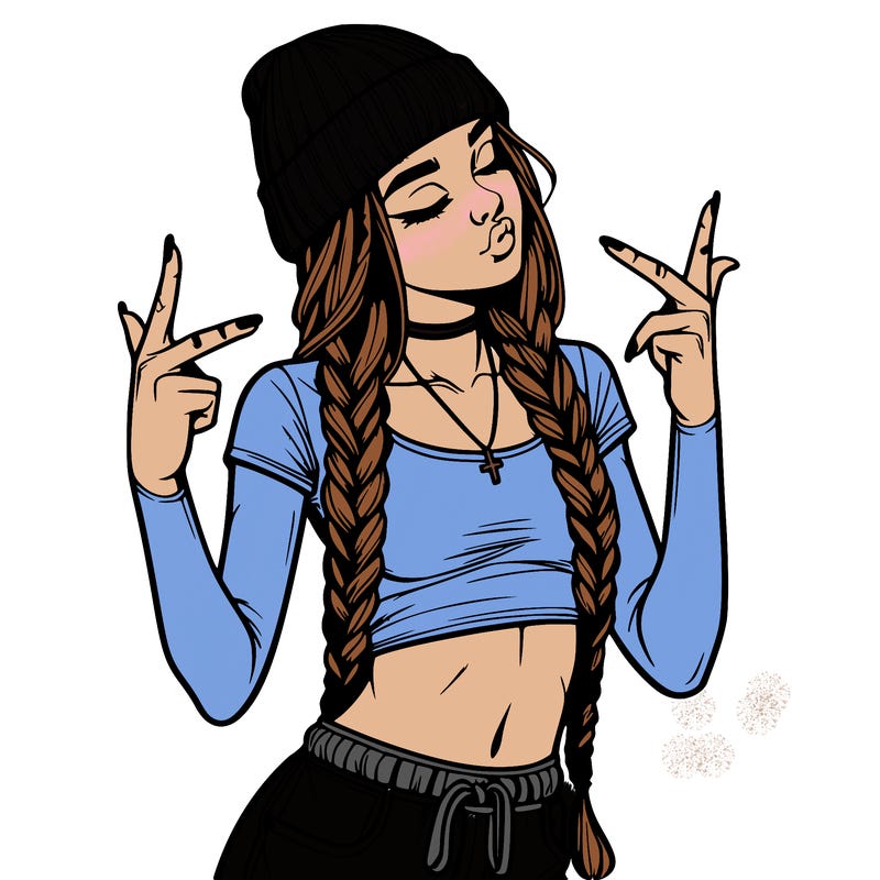 realistic teenage girl with braids and a beanie and crop top doing 🫶🏼