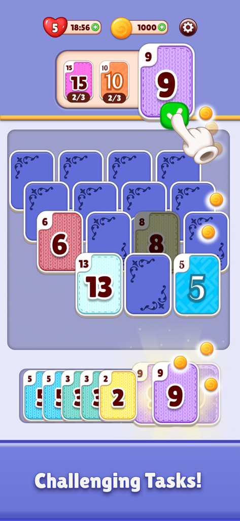 Card Merge Master - Card Merge Master Rätselspiel-Bildschirm, der numerische Karten-Zuordnungsaufgaben zeigt