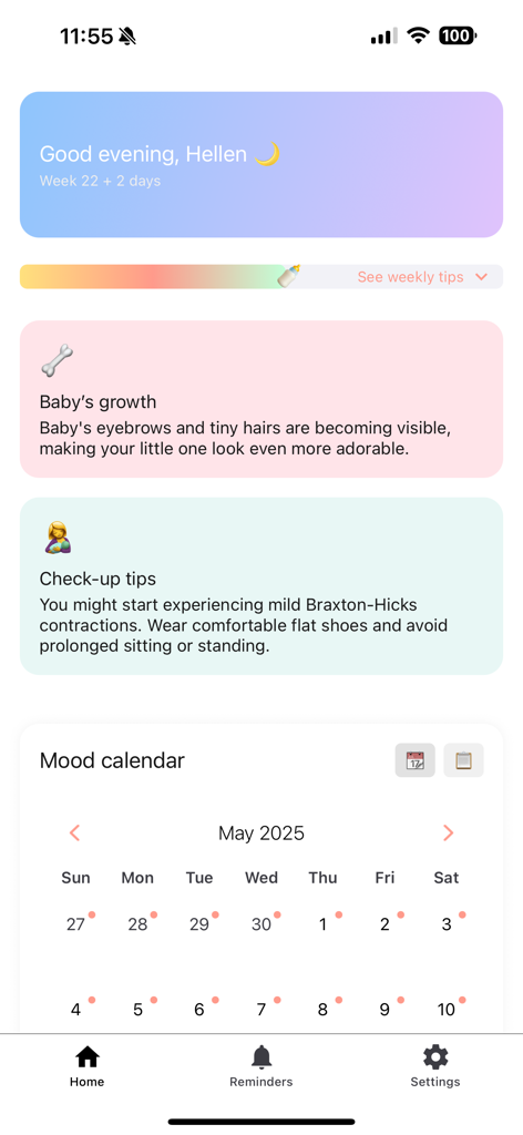 MamaNest - The home screen of the MamaNest pregnancy app showing a personalized greeting baby growth updates and a mood calendar