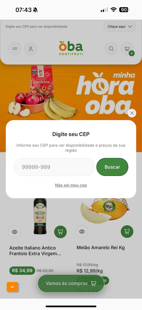 Oba Hortifruti - Oba Hortifruti app screen showing a zip code entry popup for checking grocery delivery availability