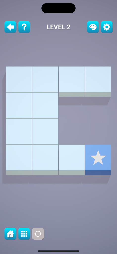 Puzzledom 3D - A minimalist 3D puzzle game interface from Puzzledom 3D showing a grid of white blocks and a single blue block with a white star