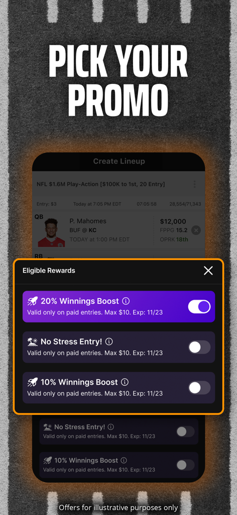 DraftKings Fantasy Sports - 프로모션 보상 및 승수 증가를 선택하는 DraftKings 앱 화면