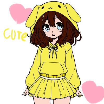 pretty anime girl wearing a fluffy hoodie with bunny ears on the hood and a skirt