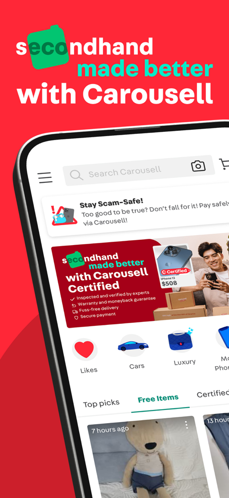 The Carousell mobile app interface displaying a secondhand marketplace home feed with certified listings and safety alerts