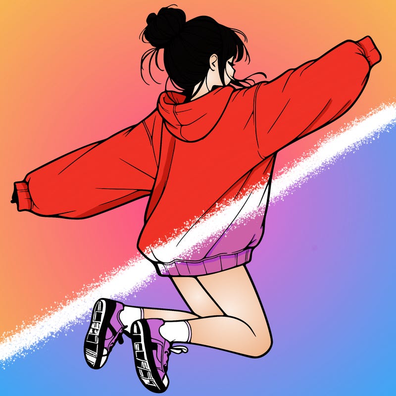 realistic girl jumping with a bun and oversized sweatshirt