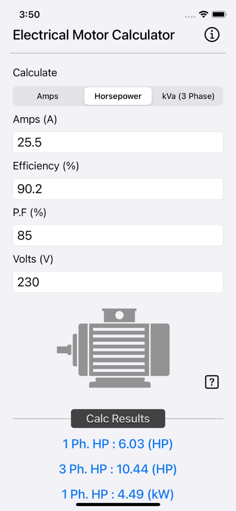 Electrical Motor Calculator - Smartphone screen showing an electrical motor horsepower calculator with input fields for Amps, Efficiency, Power Factor, and Volts