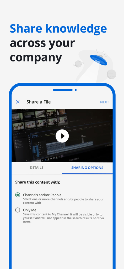 Go.Learnアプリのモバイルインターフェースで、ビデオをチャンネルや人々に共有するオプションがある知識共有機能を表示。
