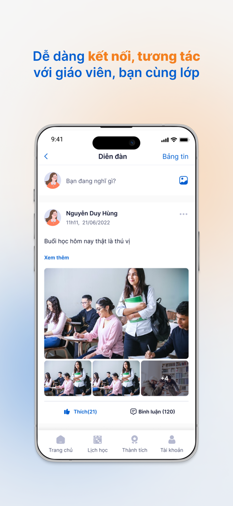 vnEdu LMS - vnEdu LMS app screenshot showing a social forum feed where students and teachers can interact with posts, likes, and comments.