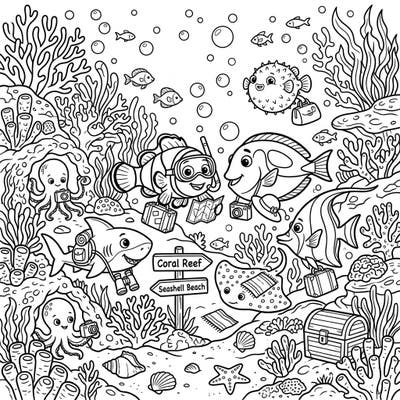 Embark on an exciting undersea vacation with our delightful saltwater fish coloring page, featuring a clownfish, shark, and friends exploring a vibrant coral reef. This fun-filled template is perfect for sparking creativity and bringing marine adventures to life with your favorite colors.