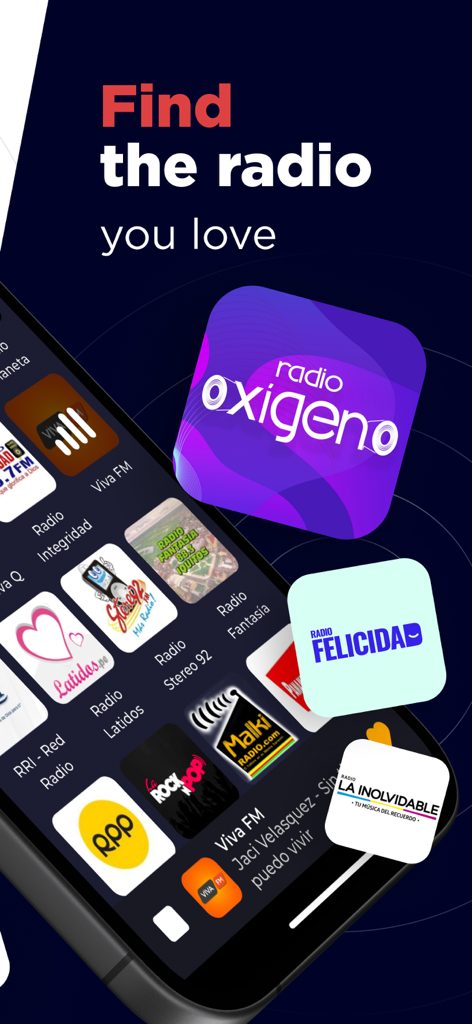 Radio Peru - Live FM & AM - Smartphone screen showing icons for popular Peruvian radio stations like Radio Oxigeno and Radio Felicidad