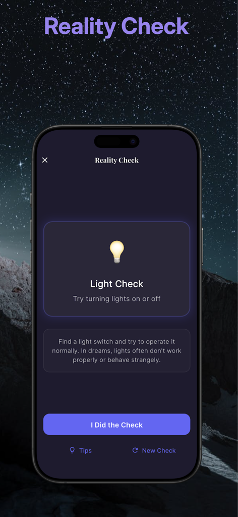 Interface of the Dreamsplain app showing a Reality Check screen with instructions for a Light Check to aid in lucid dreaming