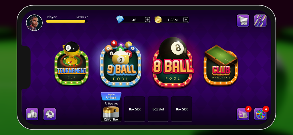 Main menu screen of 8 Ball Billiards Offline showing 8-ball, 9-ball, tournament and practice modes