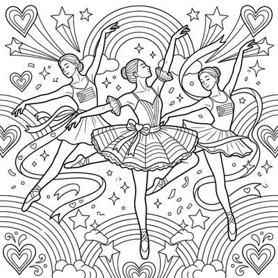 Immerse yourself in the graceful world of ballet intertwined with the vibrant spirit of Pride Month. This enchanting coloring page features elegant dancers amidst a backdrop of joyful rainbows and hearts, ready for your creative touch.