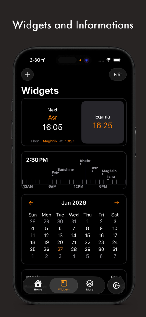 Athan: Full Athan - Panel de la aplicación Athan que muestra widgets de horarios de oración, eqama y calendario