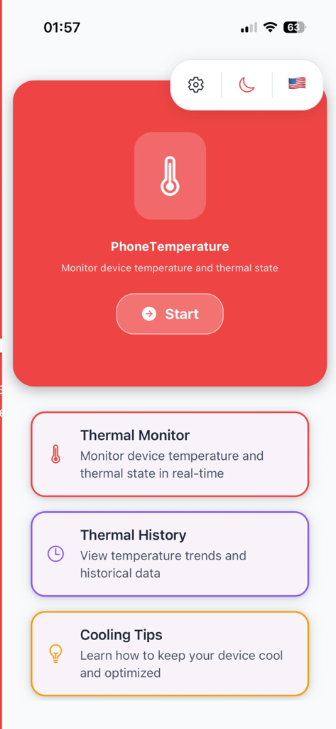 Phone Temperature - Home screen of the Phone Temperature app showing thermal monitor and cooling tips