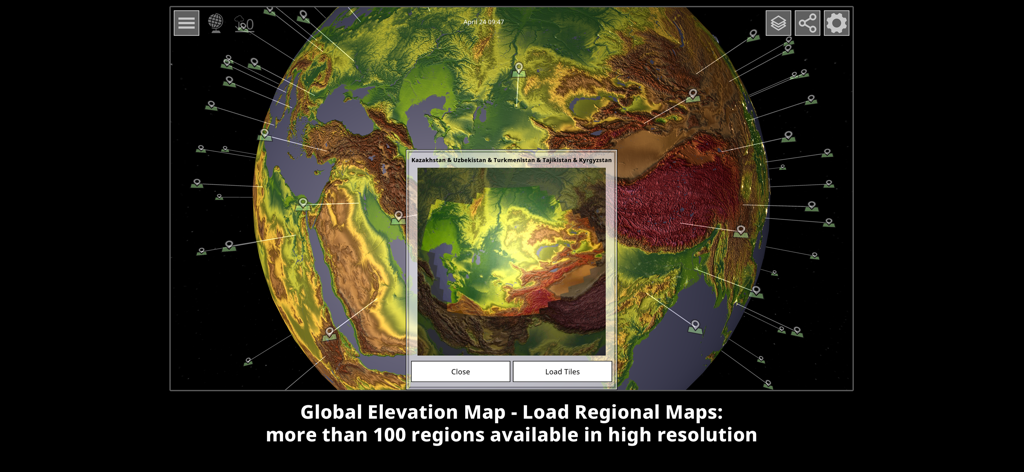 GlobeViewer PRO - 高解像度の地域別標高マップを示す3D地形グローブ
