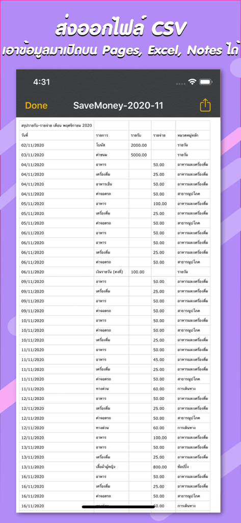 A detailed table of income and expenses in the Save Money app CSV export preview