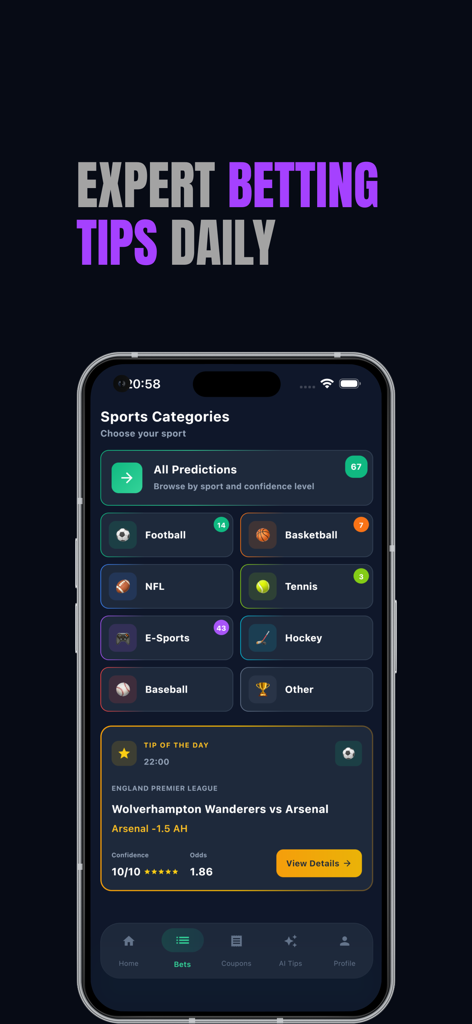 Interface of the Betting Tips app showing various sports categories and a high confidence tip of the day for a football match.