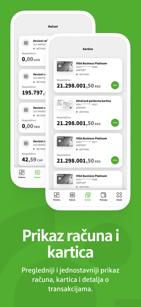 OTP biznis m-bank - Mobile app interface of OTP biznis m-bank displaying a business accounts and cards overview with balances