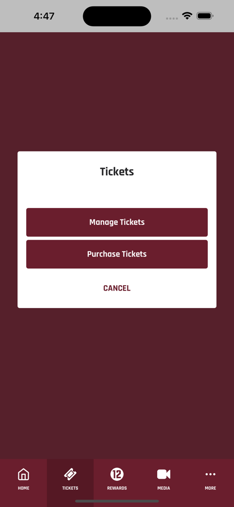 12th Man Mobile app tickets screen with options to manage and purchase tickets