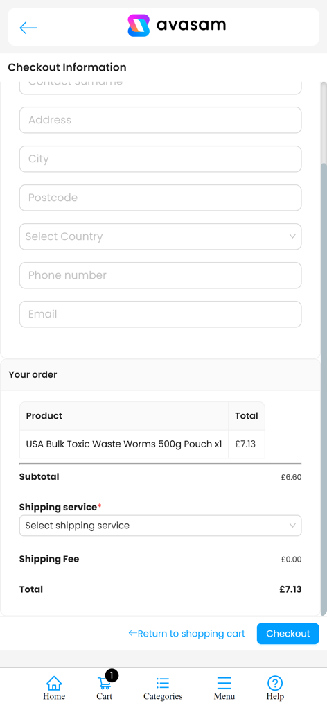 Checkout-Seite der Avasam Mobile App mit Bestelldetails und Versandoptionen