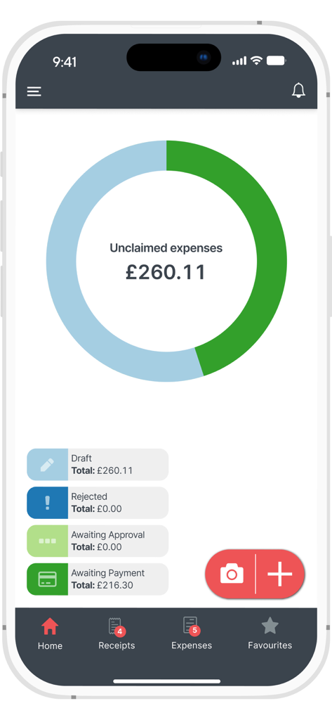 ExpenseIn mobile app dashboard showing unclaimed expenses summary and status updates