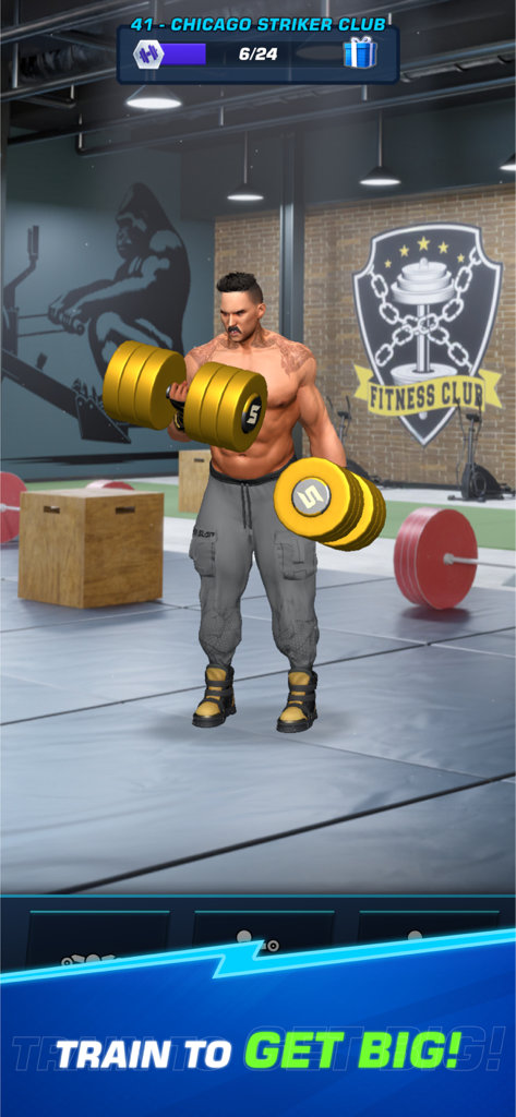 Power Slap - Un combattant musclé soulevant de gros haltères dorés dans une salle de sport avec le texte "train to get big".