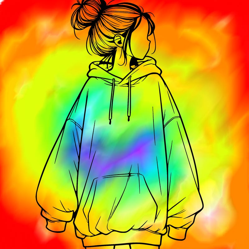 realistic girl with a oversized sweatshirt on and a bun