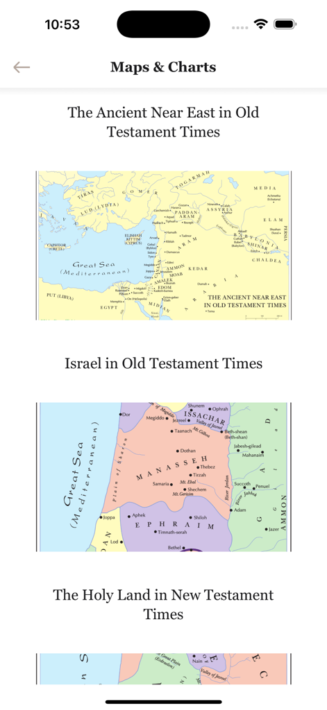 Holy Bible Recovery Version - Educational section of the app showing biblical maps and charts of Israel and the Ancient Near East