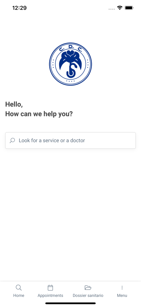 CDC|Affidea - Schermata principale dell'app CDC Affidea con una barra di ricerca per servizi e medici