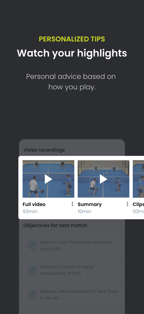 Aiball app interface showing padel match video highlights and personalized coaching objectives.