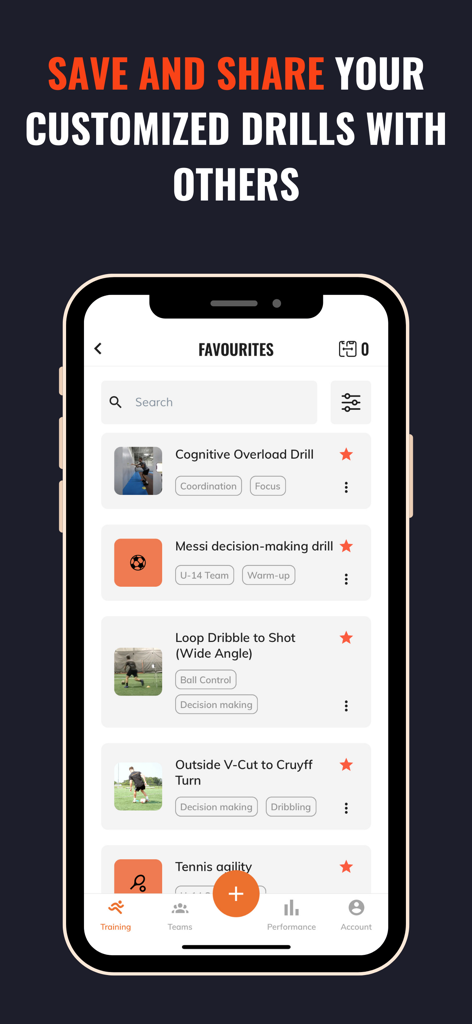 Smartphone screen of the SwitchedOn app displaying a list of saved customized reaction training drills