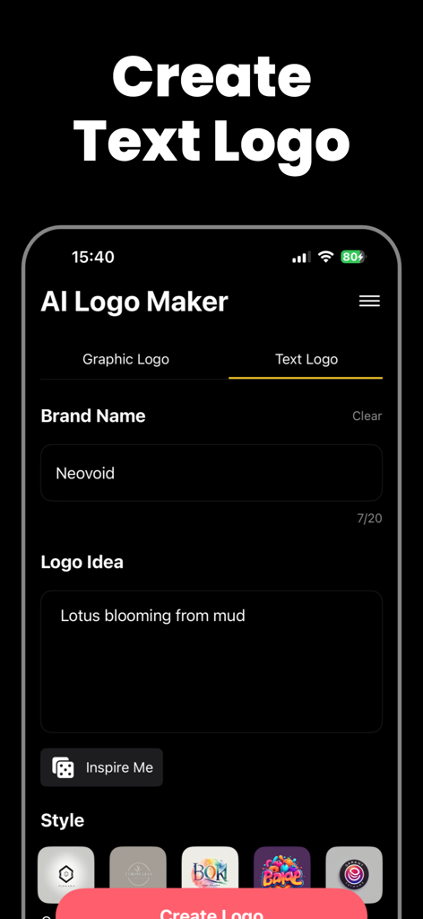 AI Logo Maker · Logo Generator - Interfaz de la aplicación AI Logo Maker mostrando la pantalla de creación de Logo de Texto donde los usuarios pueden ingresar un nombre de marca y una idea de logo para generar diseños personalizados.